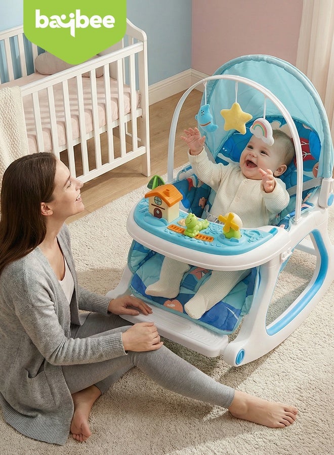 BAYBEE 3 in 1 Baby Rocker & Feeding Chair | Baby Rocking Chair for Kids with Soothing Rocking Motion, Adjustable Recline, Removable Food & Toy Tray, Safety Harness | Baby Rocker for Kids 0 to 3 Years Blue - Image 3